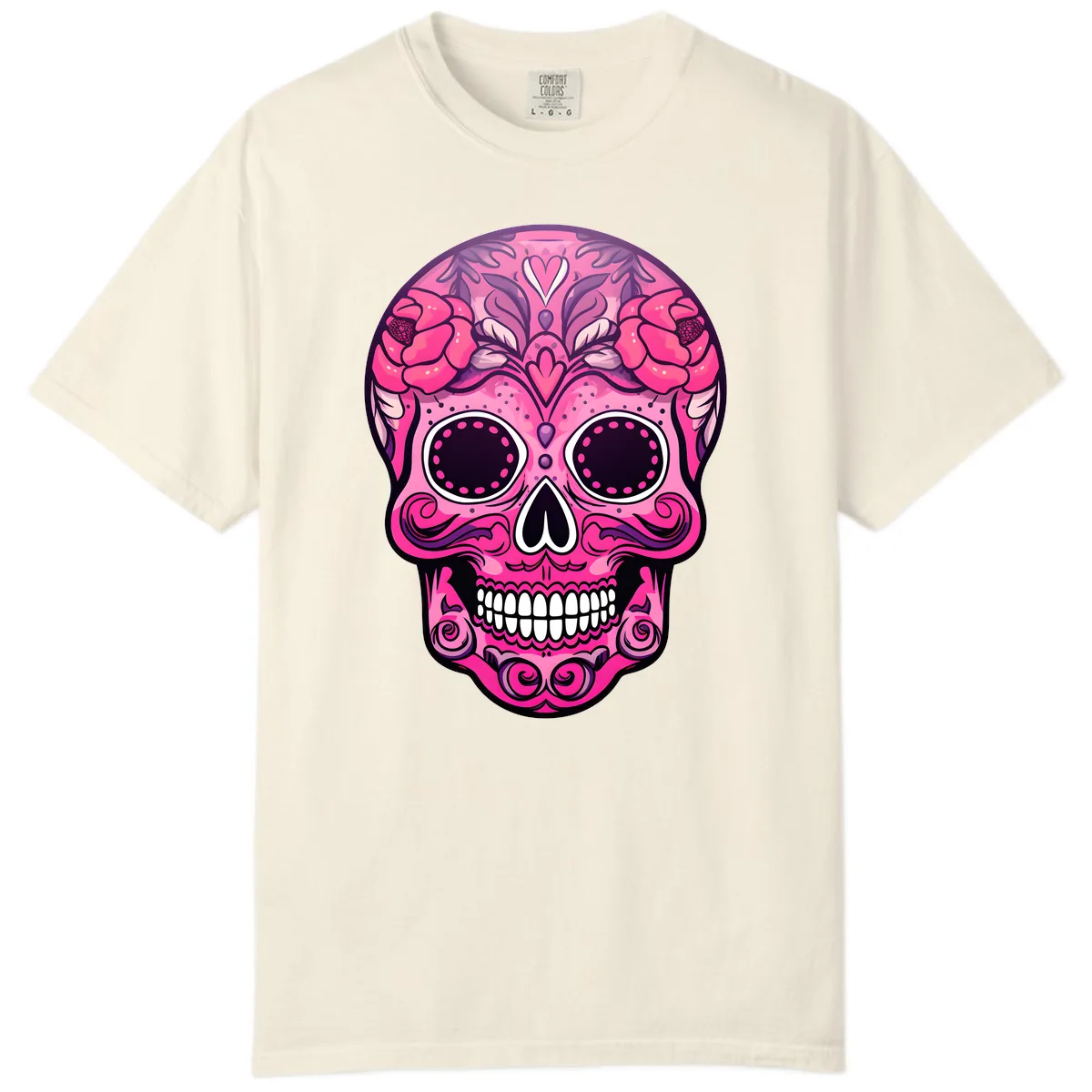 Vibrant Pink Calavera Skull with Floral Adornments Comfort Color in Ivory