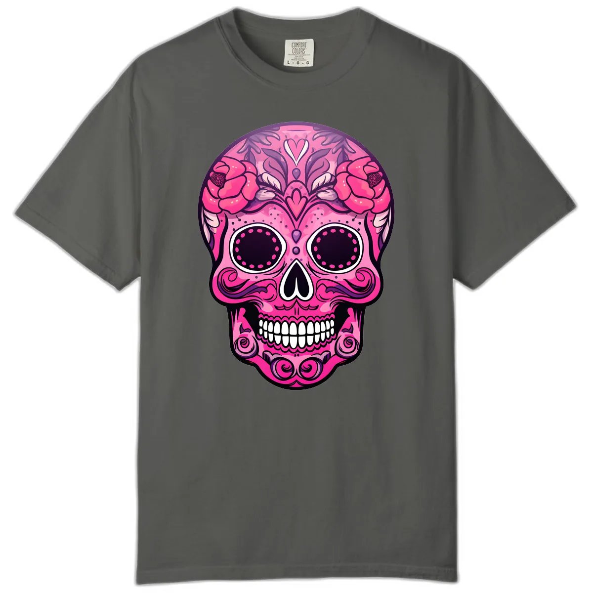 Vibrant Pink Calavera Skull with Floral Adornments Comfort Color in Pepper