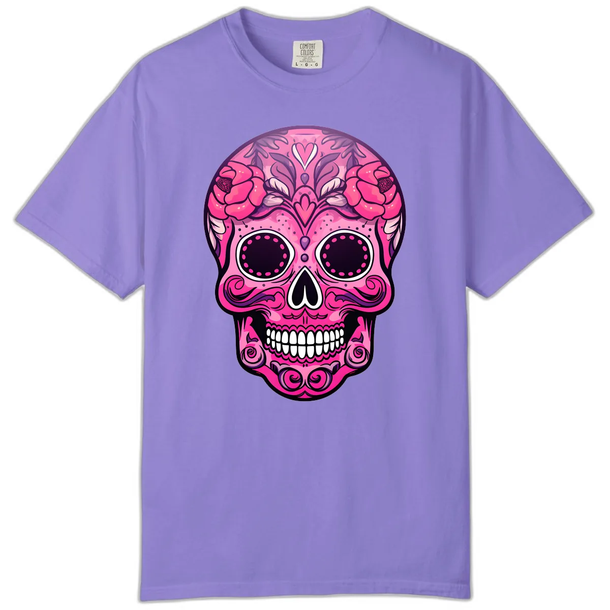 Vibrant Pink Calavera Skull with Floral Adornments Comfort Color in Violet