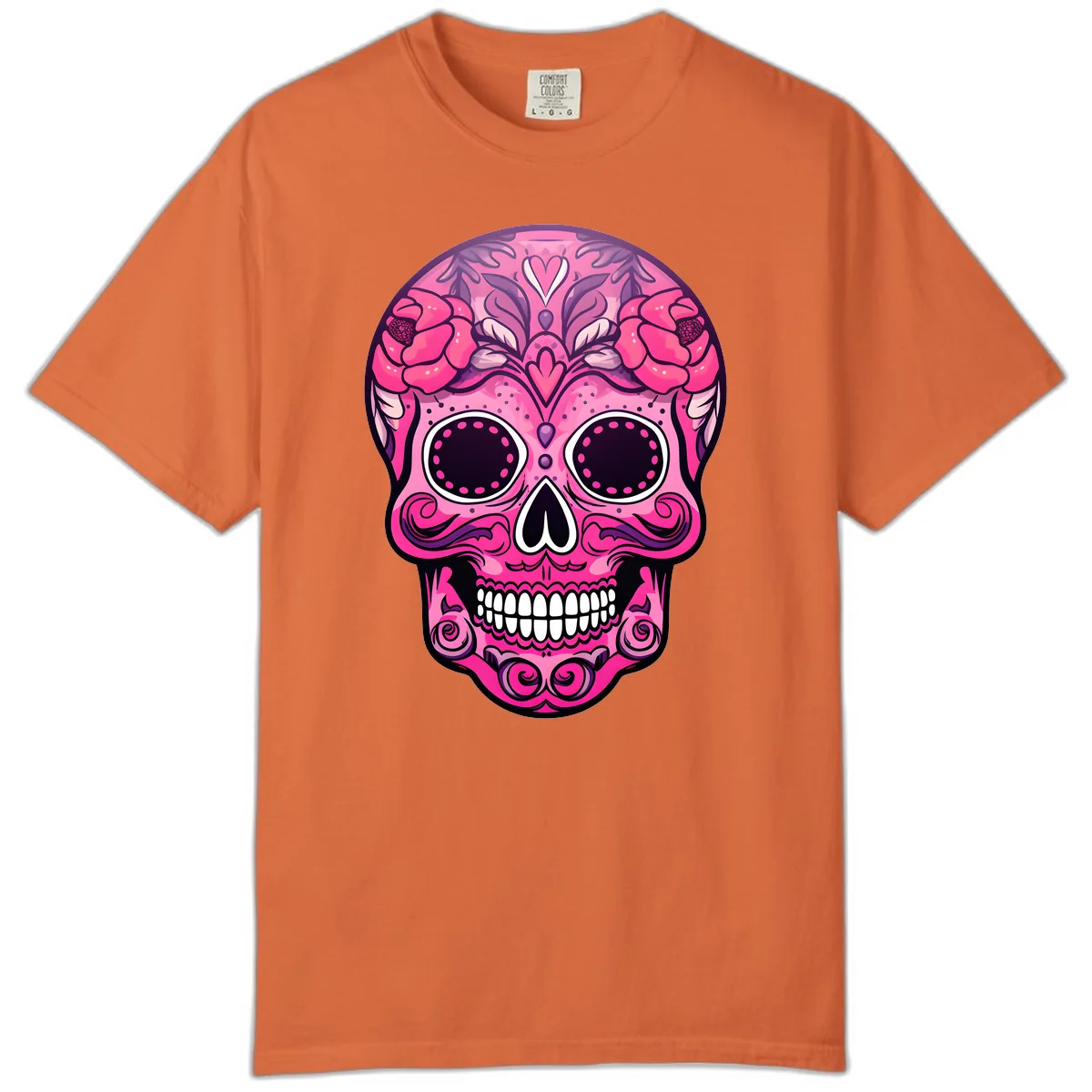 Vibrant Pink Calavera Skull with Floral Adornments Comfort Color in Burnt Orange