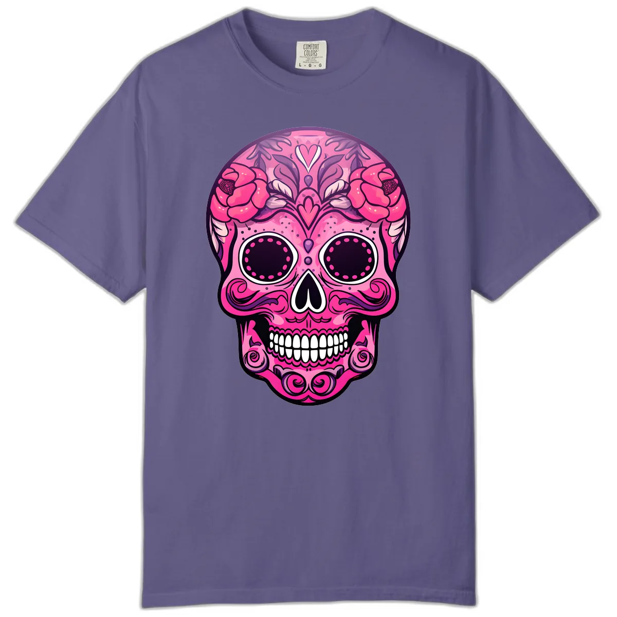 Vibrant Pink Calavera Skull with Floral Adornments Comfort Color in Grape