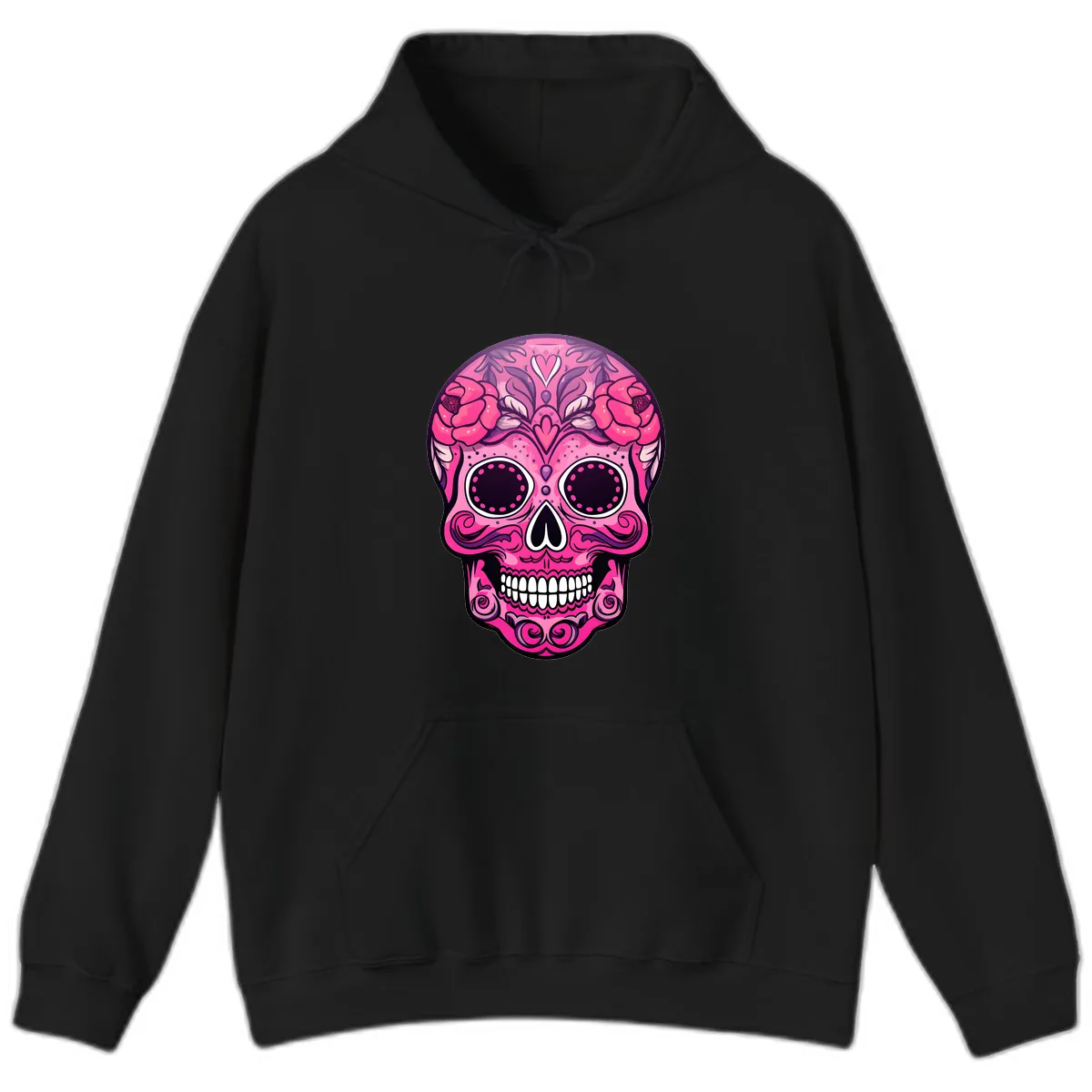 Vibrant Pink Calavera Skull with Floral Adornments Hoodie in Black