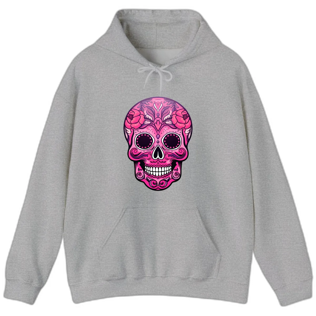 Vibrant Pink Calavera Skull with Floral Adornments Hoodie in Sport Grey