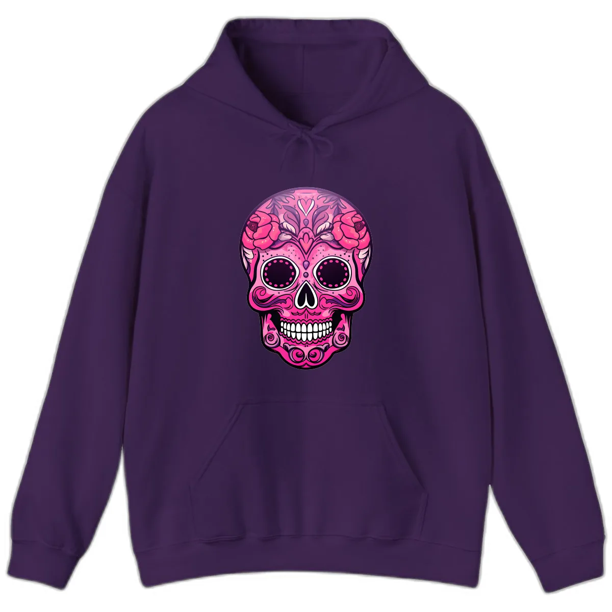 Vibrant Pink Calavera Skull with Floral Adornments Hoodie in Purple