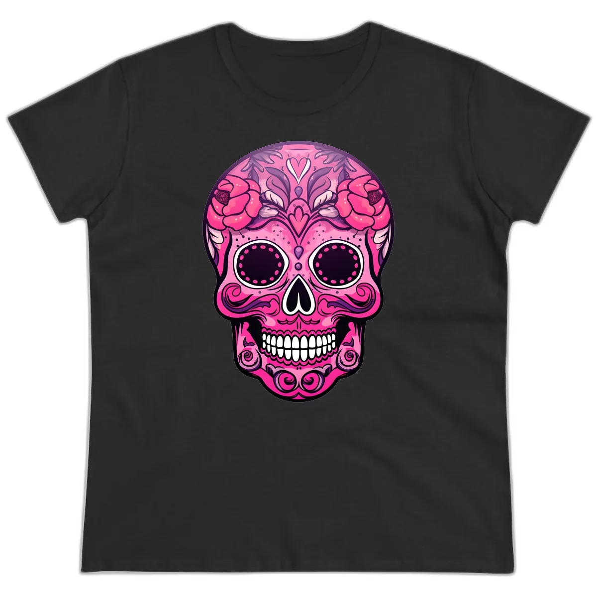 Vibrant Pink Calavera Skull with Floral Adornments Ladies Tee in Black