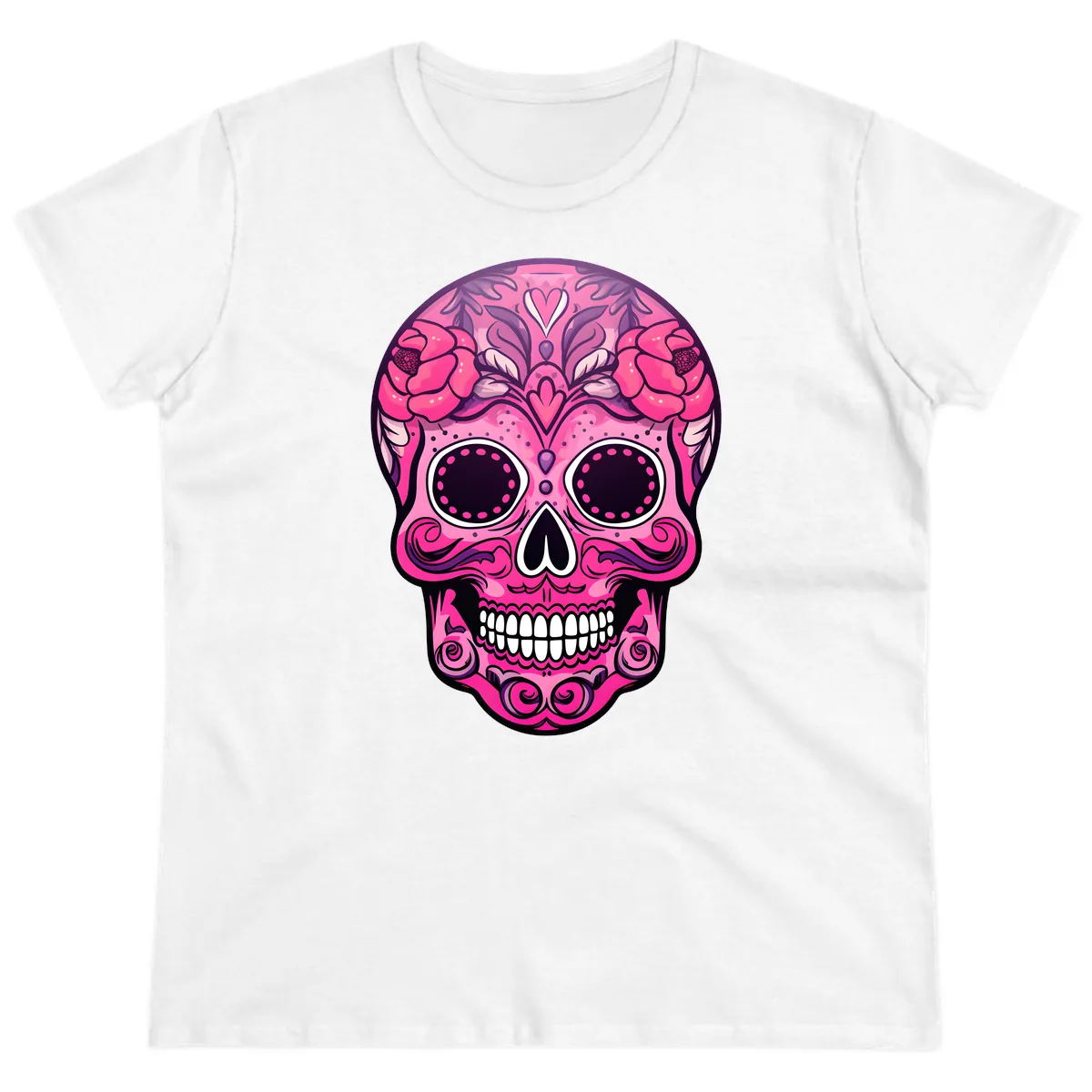 Vibrant Pink Calavera Skull with Floral Adornments Ladies Tee in White