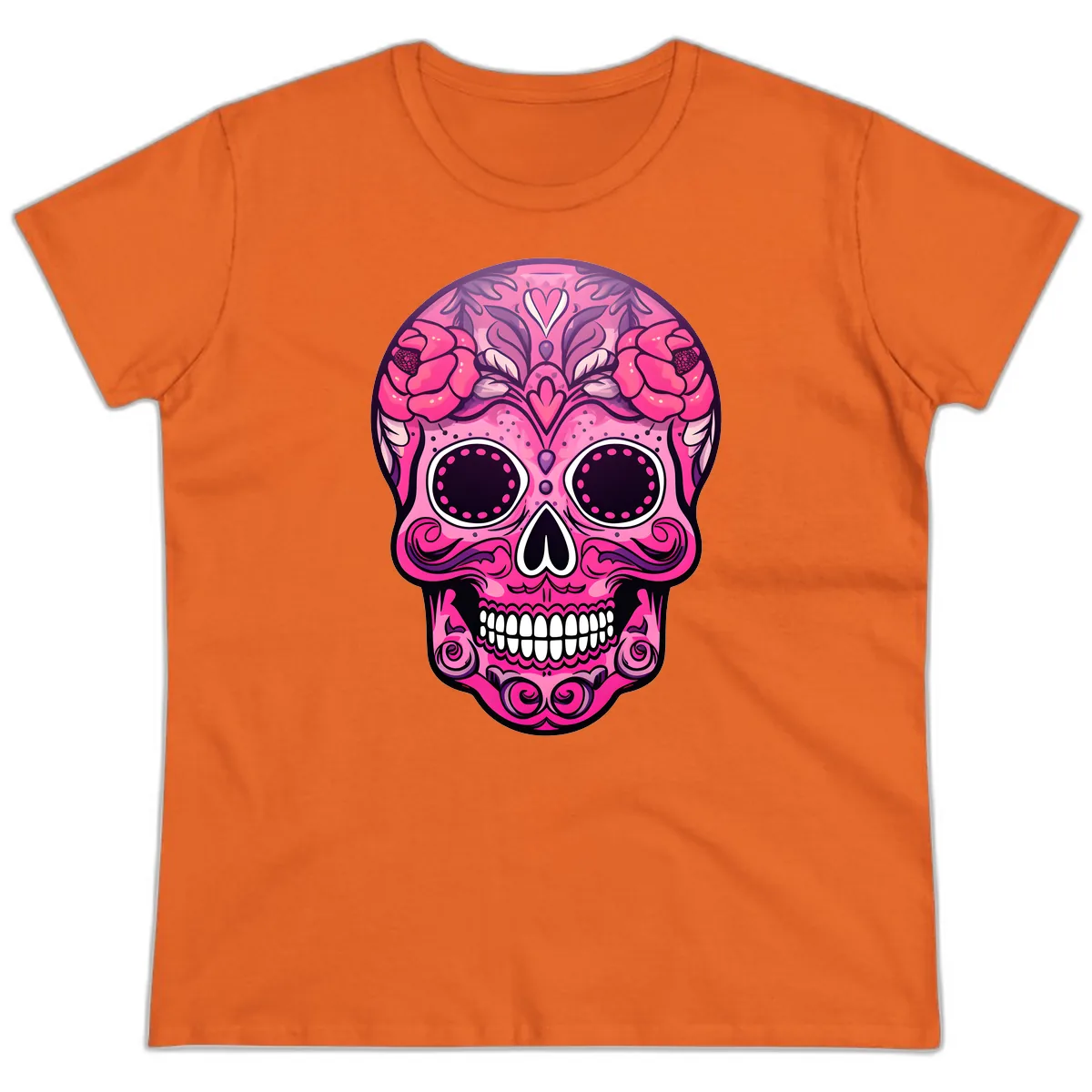 Vibrant Pink Calavera Skull with Floral Adornments Ladies Tee in Orange