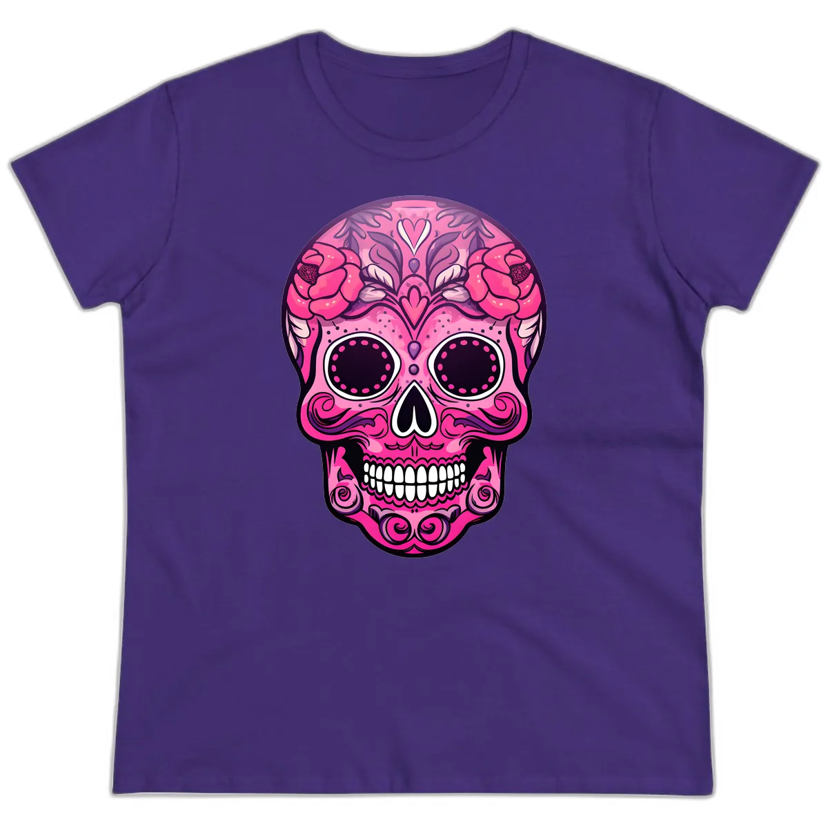 Vibrant Pink Calavera Skull with Floral Adornments Ladies Tee in Purple