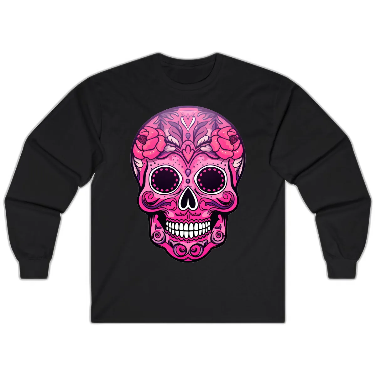 Vibrant Pink Calavera Skull with Floral Adornments Long Sleeve in Black