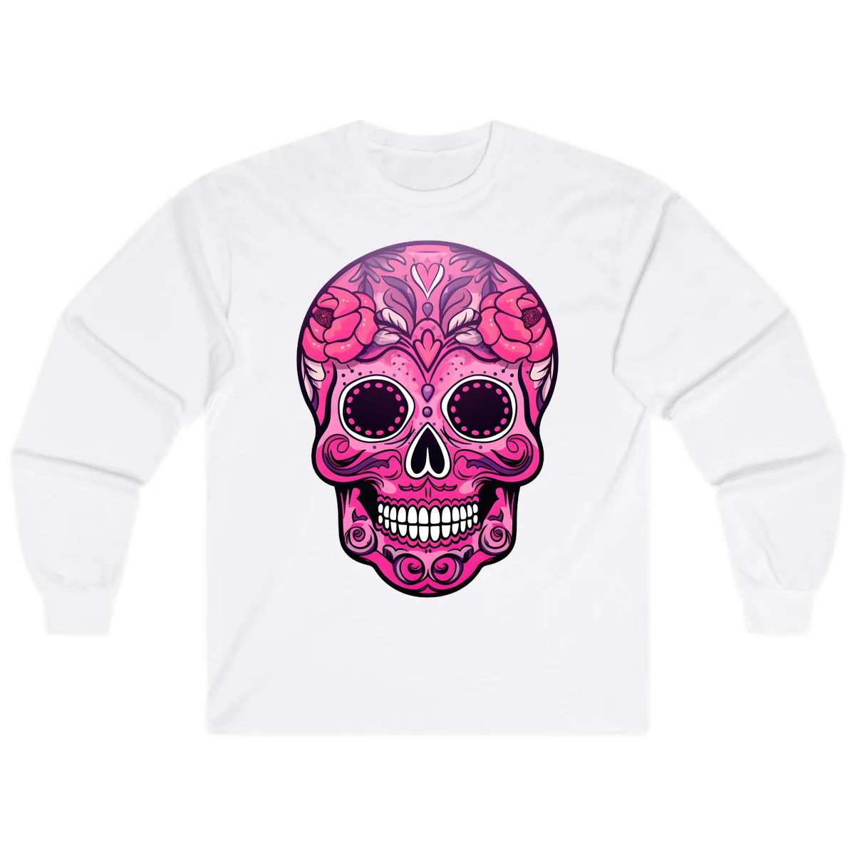 Vibrant Pink Calavera Skull with Floral Adornments Long Sleeve in White