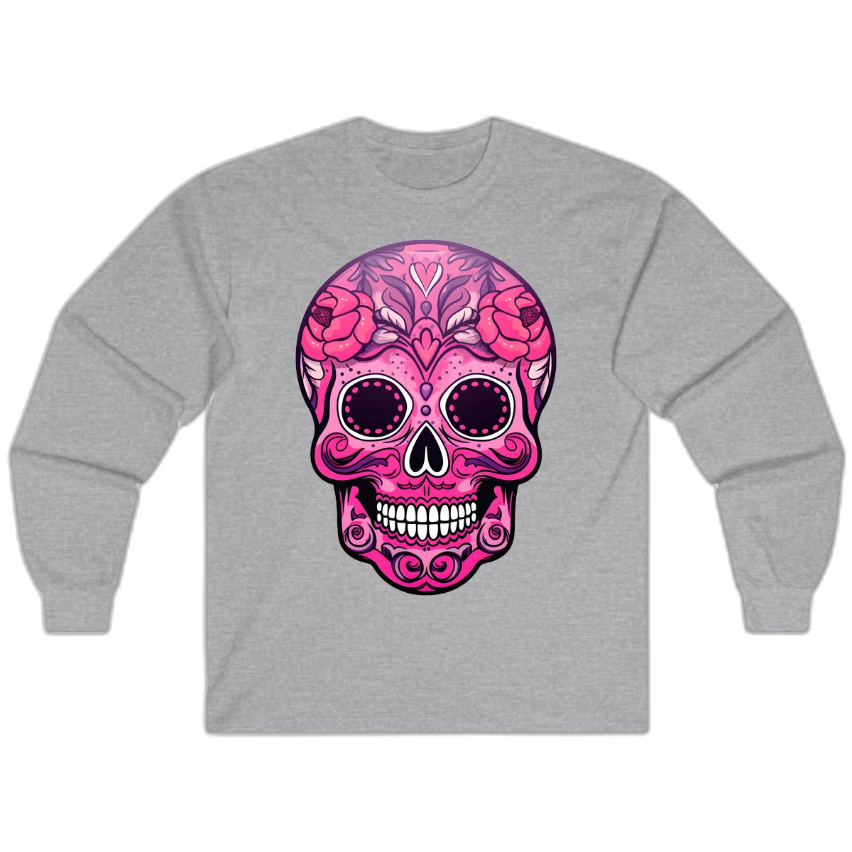 Vibrant Pink Calavera Skull with Floral Adornments Long Sleeve in Sport Grey