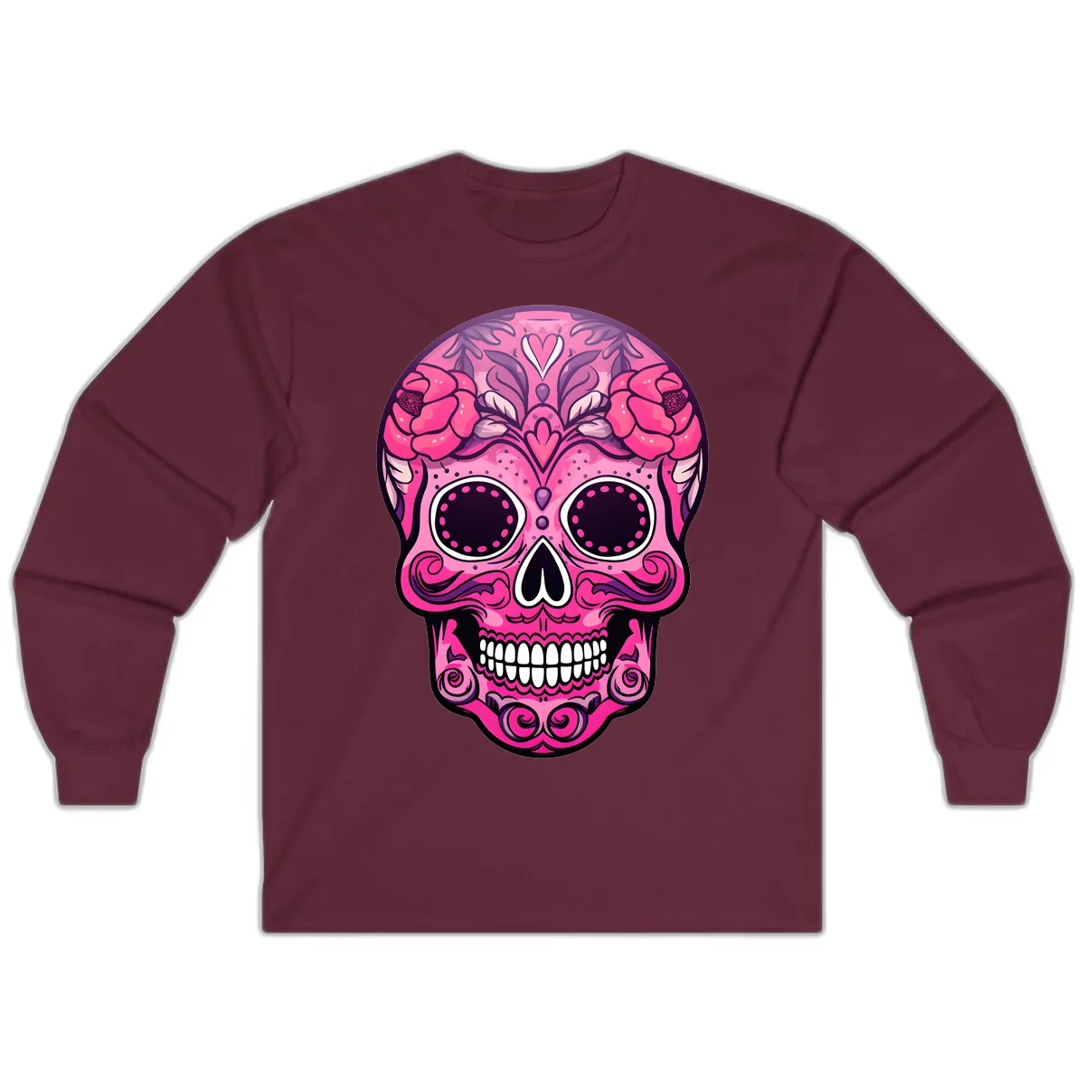 Vibrant Pink Calavera Skull with Floral Adornments Long Sleeve in Maroon