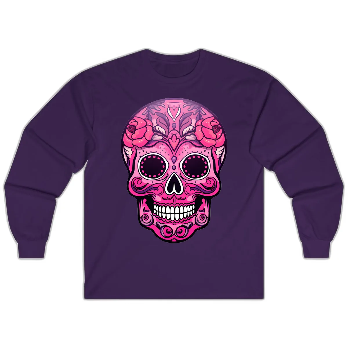 Vibrant Pink Calavera Skull with Floral Adornments Long Sleeve in Purple