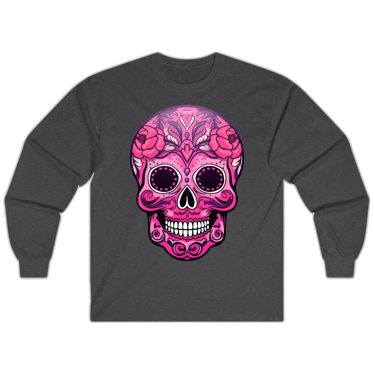 Vibrant Pink Calavera Skull with Floral Adornments Long Sleeve in Dark Heather