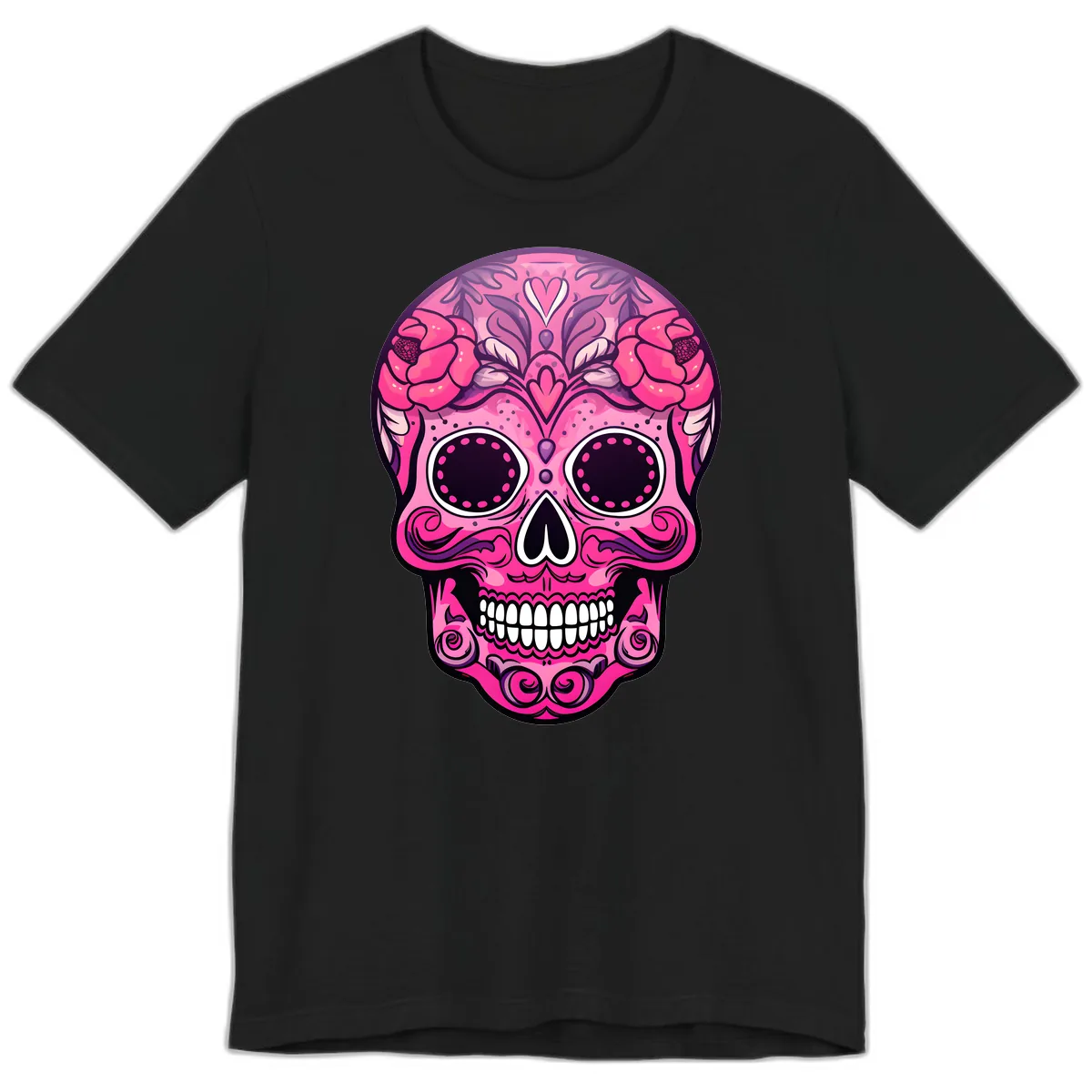 Vibrant Pink Calavera Skull with Floral Adornments Premium T-Shirt in Black