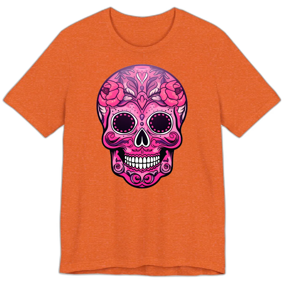 Vibrant Pink Calavera Skull with Floral Adornments Premium T-Shirt in Heather Orange