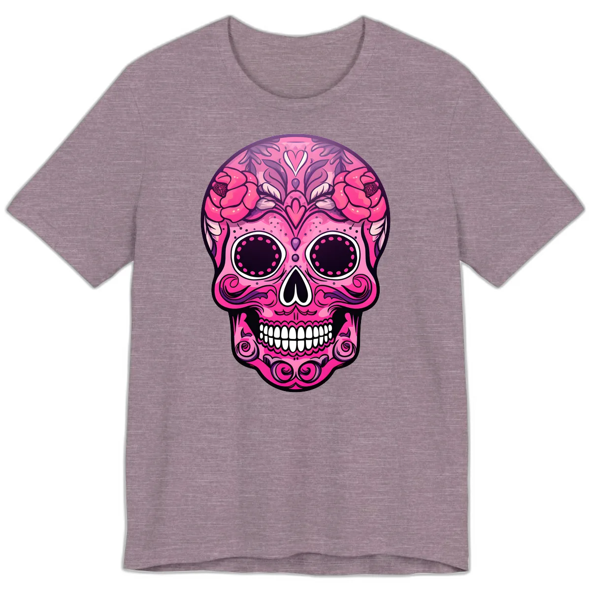 Vibrant Pink Calavera Skull with Floral Adornments Premium T-Shirt in Heather Purple
