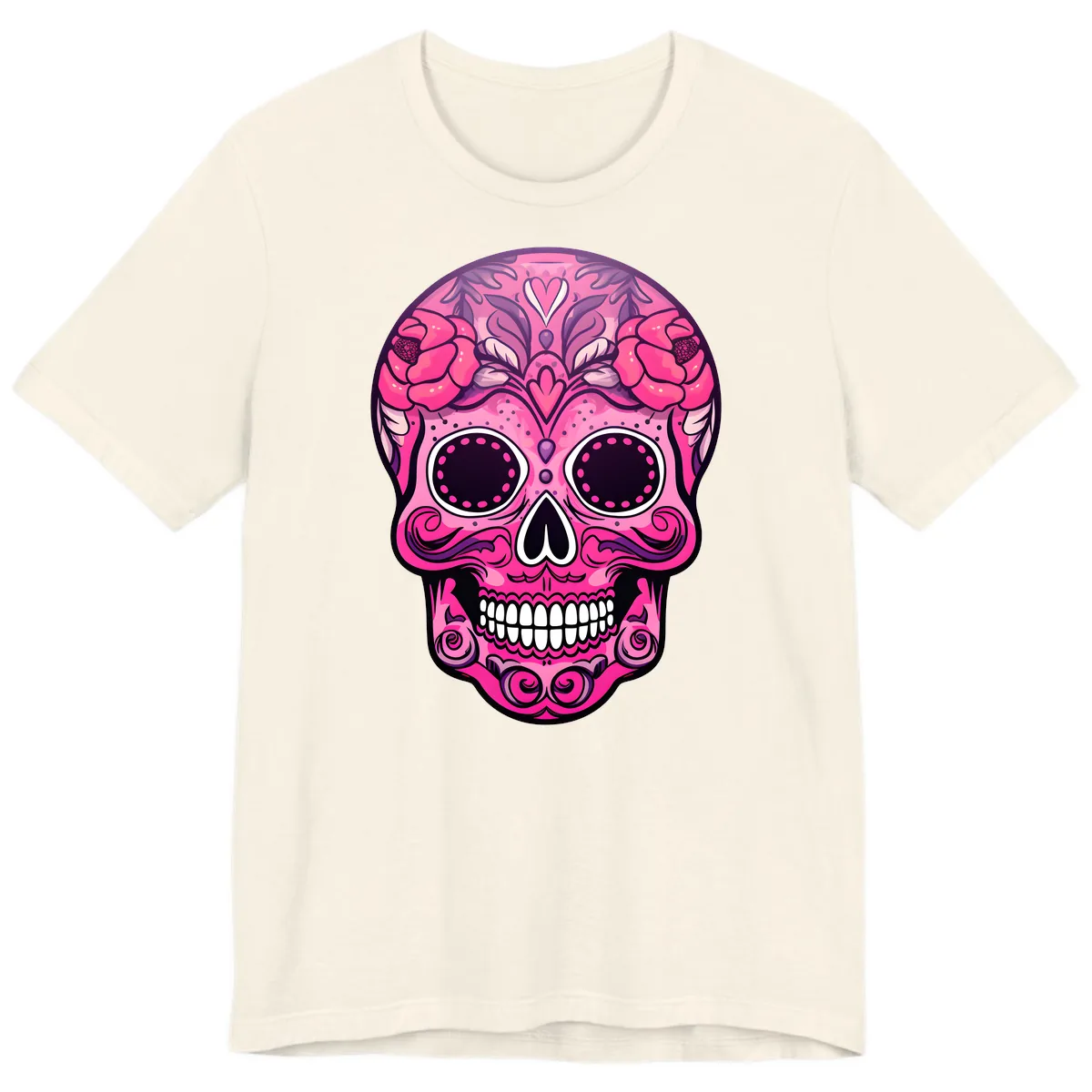Vibrant Pink Calavera Skull with Floral Adornments Premium T-Shirt in Natural