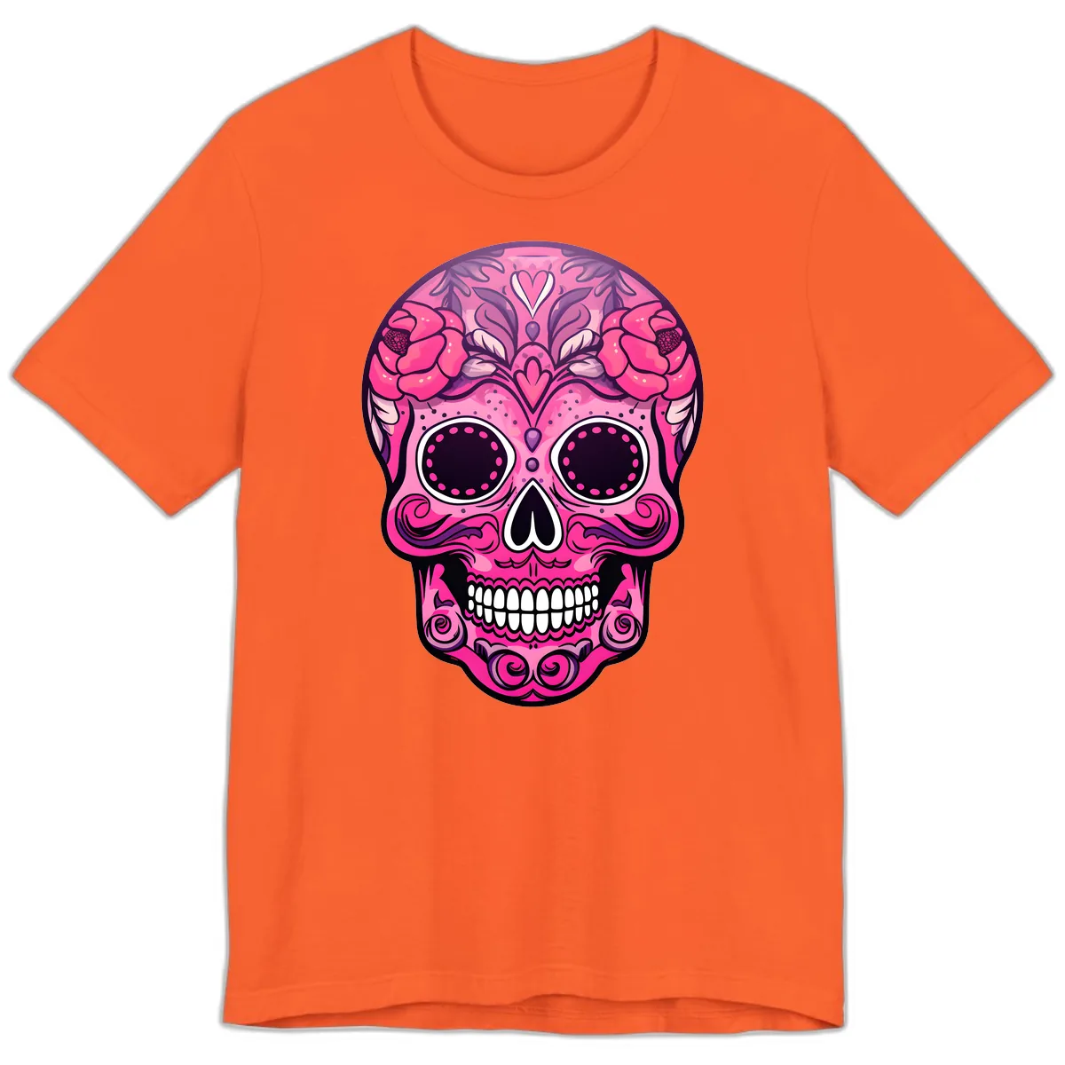 Vibrant Pink Calavera Skull with Floral Adornments Premium T-Shirt in Orange