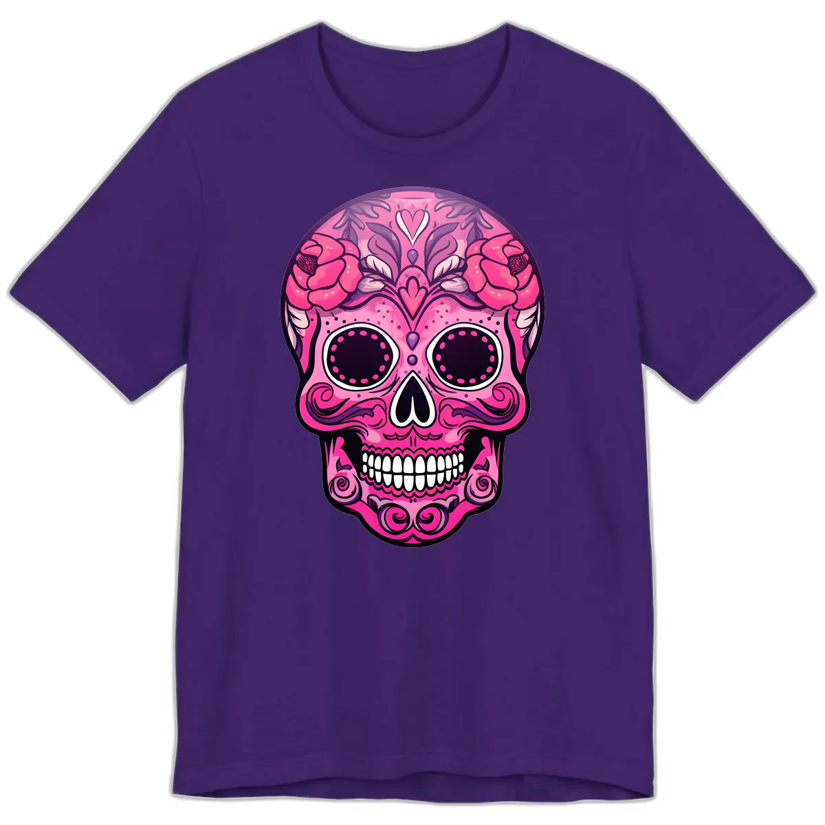 Vibrant Pink Calavera Skull with Floral Adornments Premium T-Shirt in Team Purple