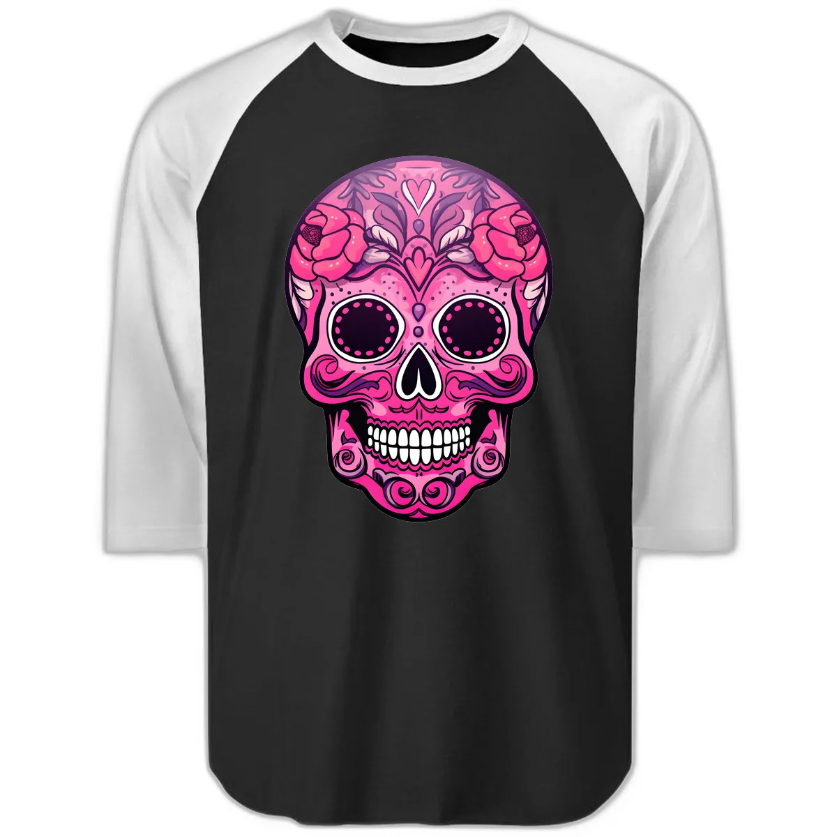 Vibrant Pink Calavera Skull with Floral Adornments Raglan 3/4 in Black White