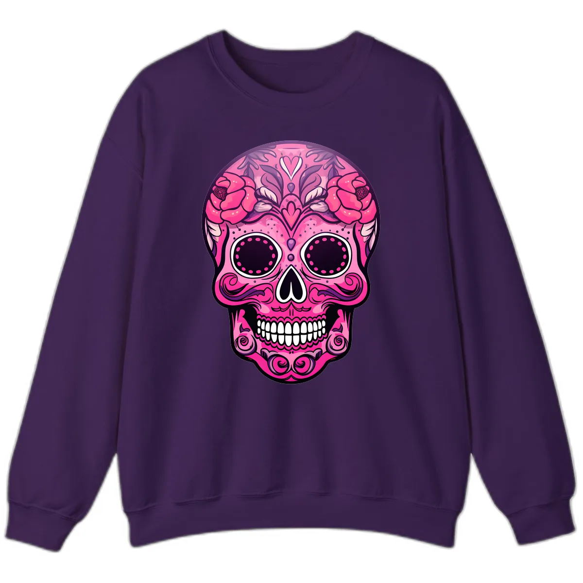 Vibrant Pink Calavera Skull with Floral Adornments Sweatshirt in Purple