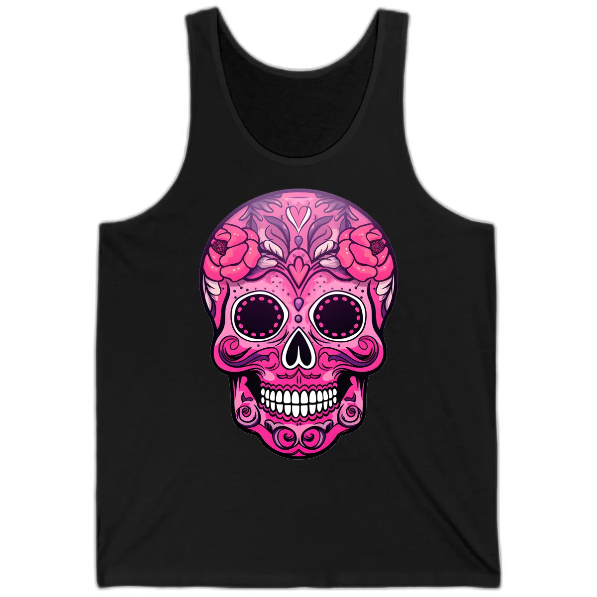 Vibrant Pink Calavera Skull with Floral Adornments Tank in Black