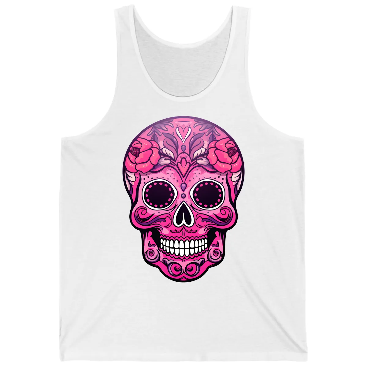 Vibrant Pink Calavera Skull with Floral Adornments Tank in White