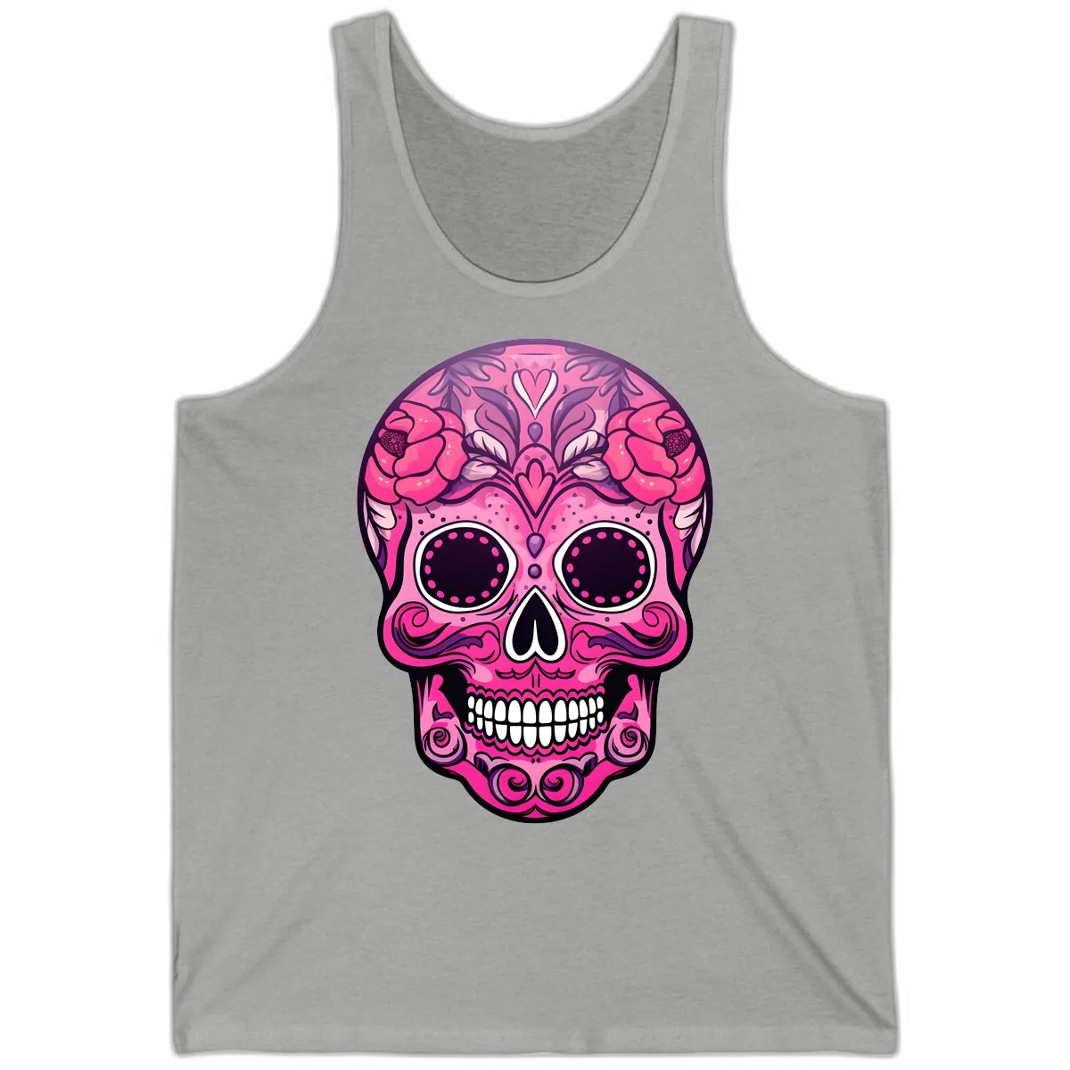 Vibrant Pink Calavera Skull with Floral Adornments Tank in Athletic Heather