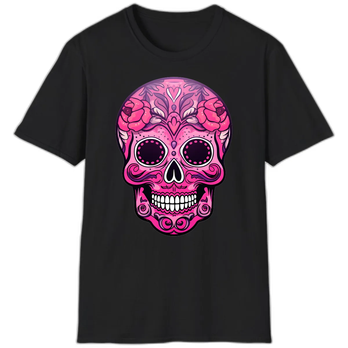 Vibrant Pink Calavera Skull with Floral Adornments T-Shirt in Black