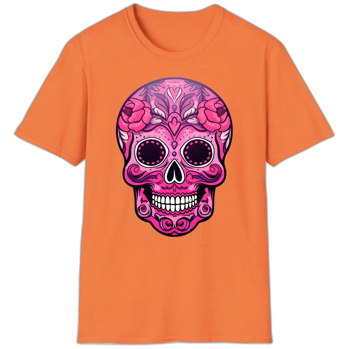 Vibrant Pink Calavera Skull with Floral Adornments T-Shirt in Heather Orange