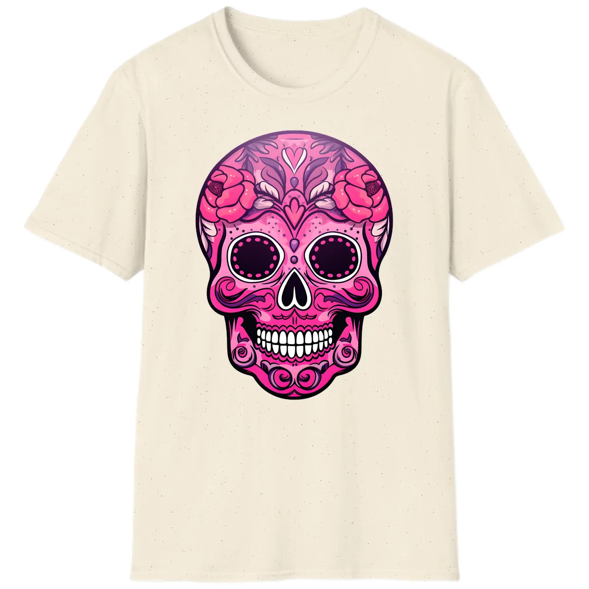 Vibrant Pink Calavera Skull with Floral Adornments T-Shirt in Natural