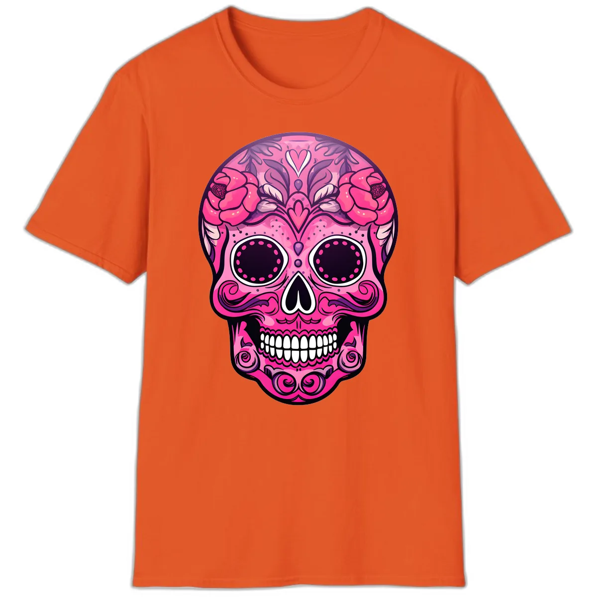 Vibrant Pink Calavera Skull with Floral Adornments T-Shirt in Orange