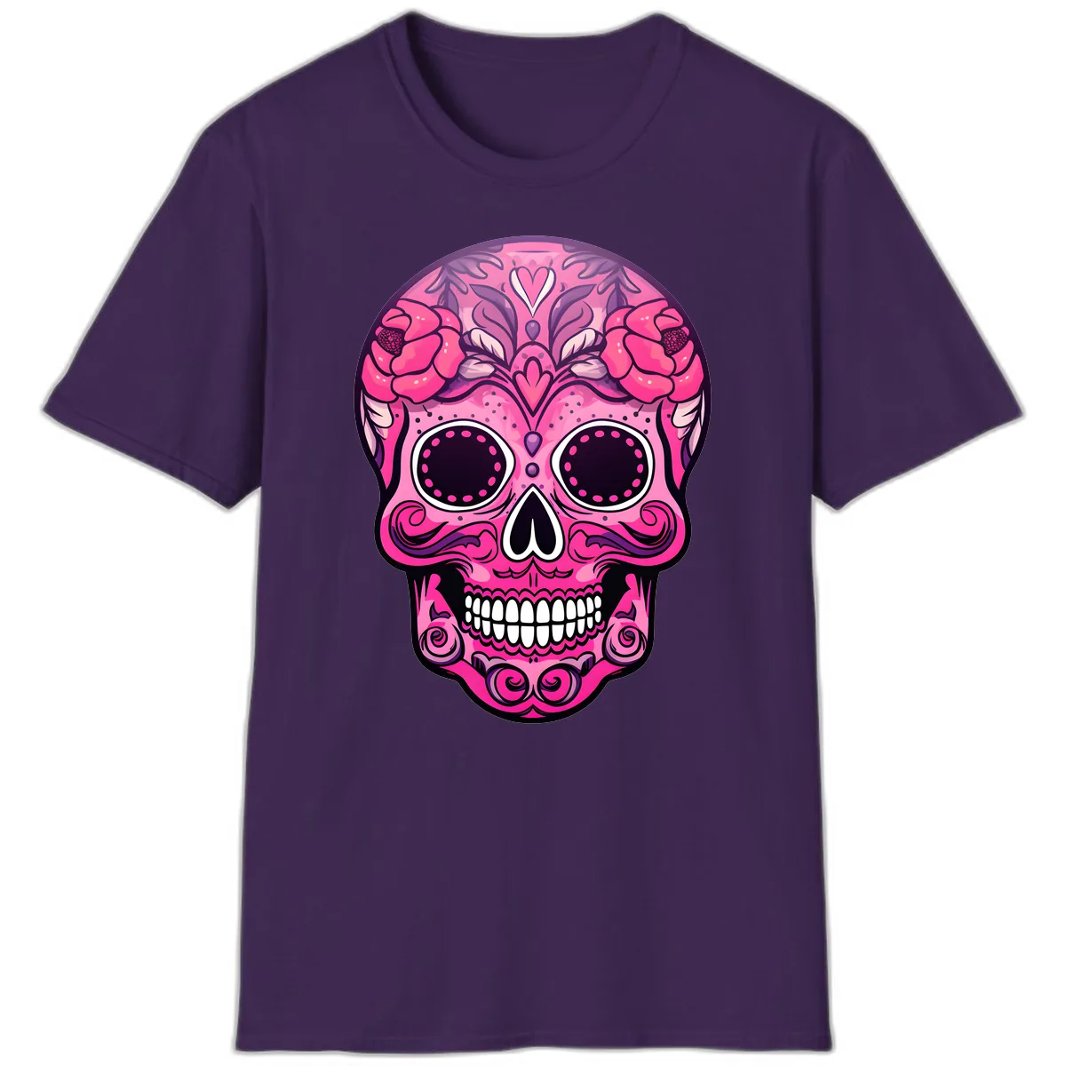 Vibrant Pink Calavera Skull with Floral Adornments T-Shirt in Purple