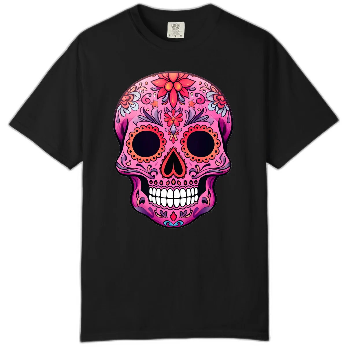 Vibrant Pink Calavera Sugar Skull Art Comfort Color in Black