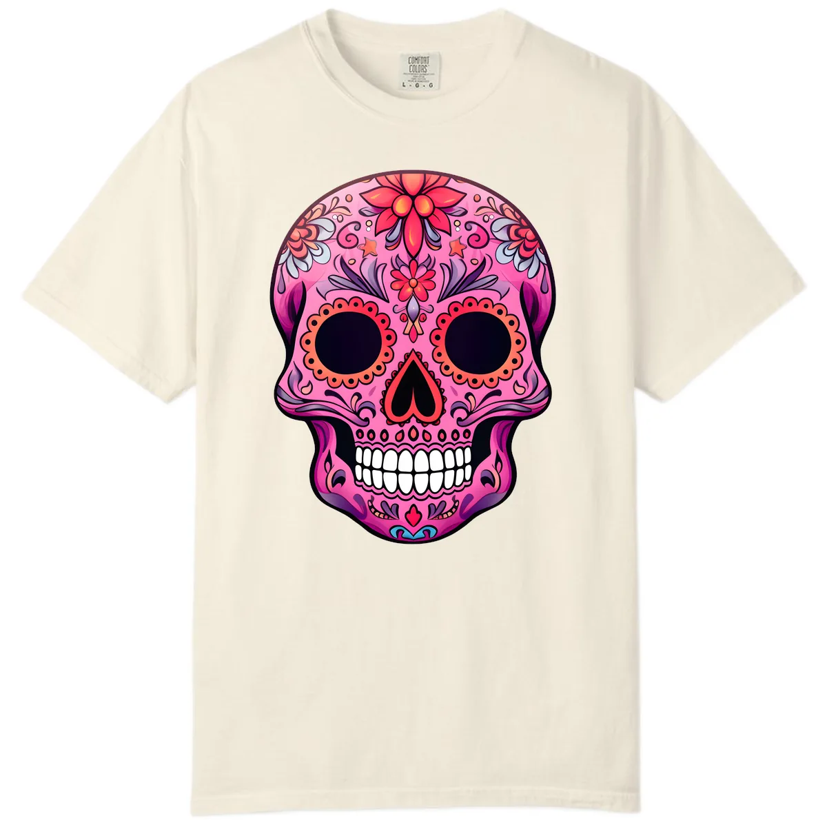 Vibrant Pink Calavera Sugar Skull Art Comfort Color in Ivory