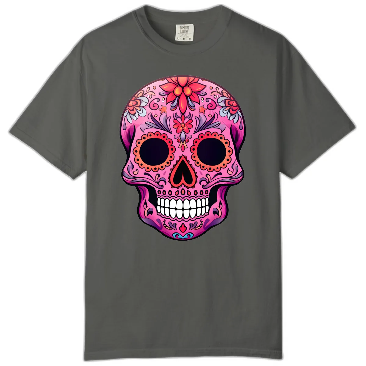 Vibrant Pink Calavera Sugar Skull Art Comfort Color in Pepper