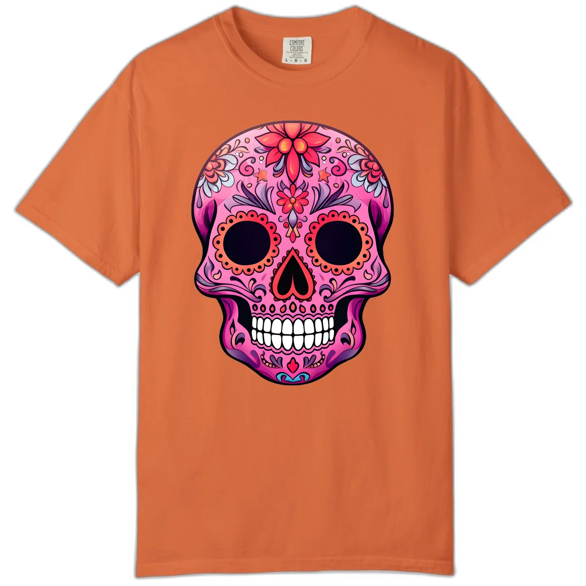 Vibrant Pink Calavera Sugar Skull Art Comfort Color in Burnt Orange