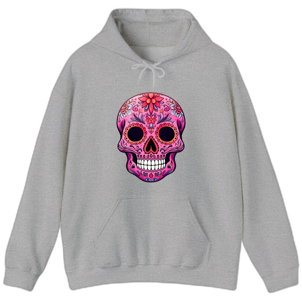 Vibrant Pink Calavera Sugar Skull Art Hoodie in Sport Grey