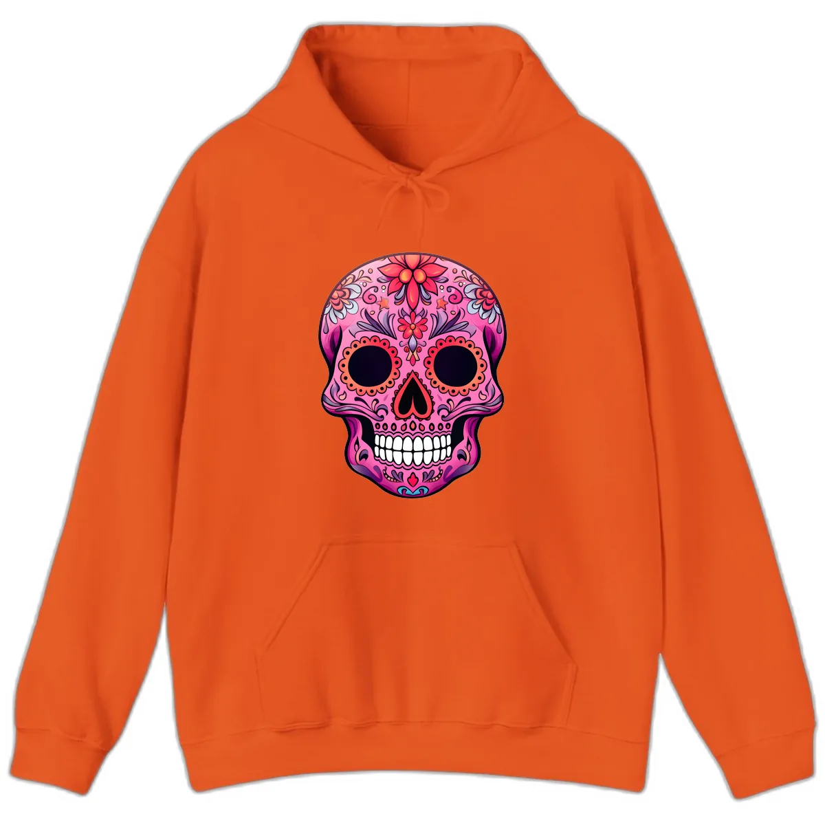 Vibrant Pink Calavera Sugar Skull Art Hoodie in Orange