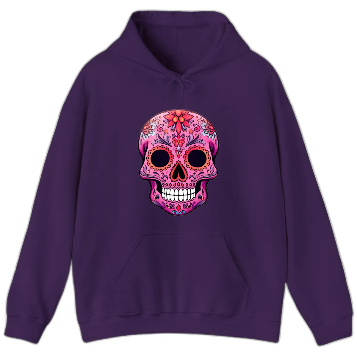 Vibrant Pink Calavera Sugar Skull Art Hoodie in Purple
