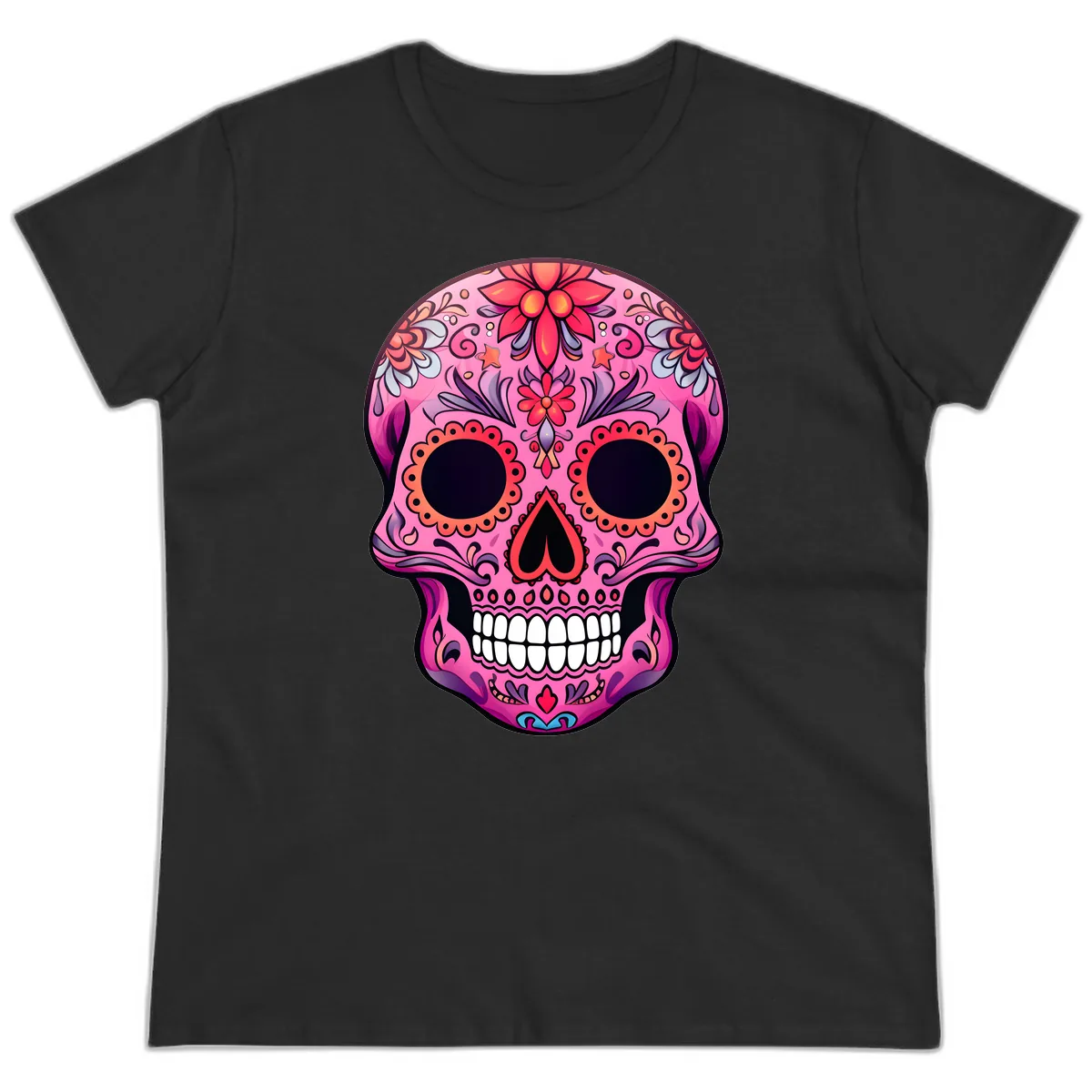 Vibrant Pink Calavera Sugar Skull Art Ladies Tee in Black