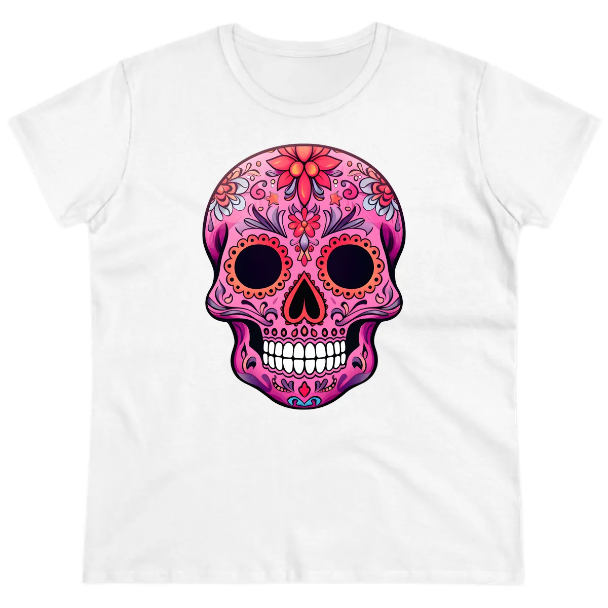 Vibrant Pink Calavera Sugar Skull Art Ladies Tee in White