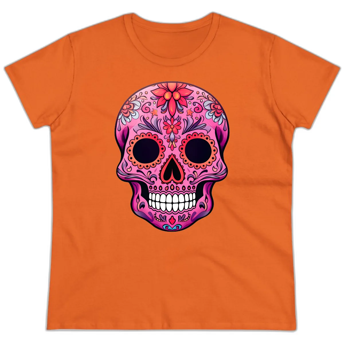 Vibrant Pink Calavera Sugar Skull Art Ladies Tee in Orange