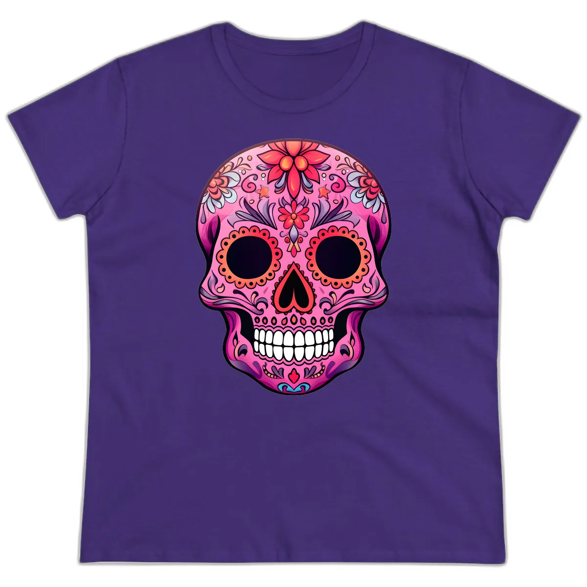 Vibrant Pink Calavera Sugar Skull Art Ladies Tee in Purple