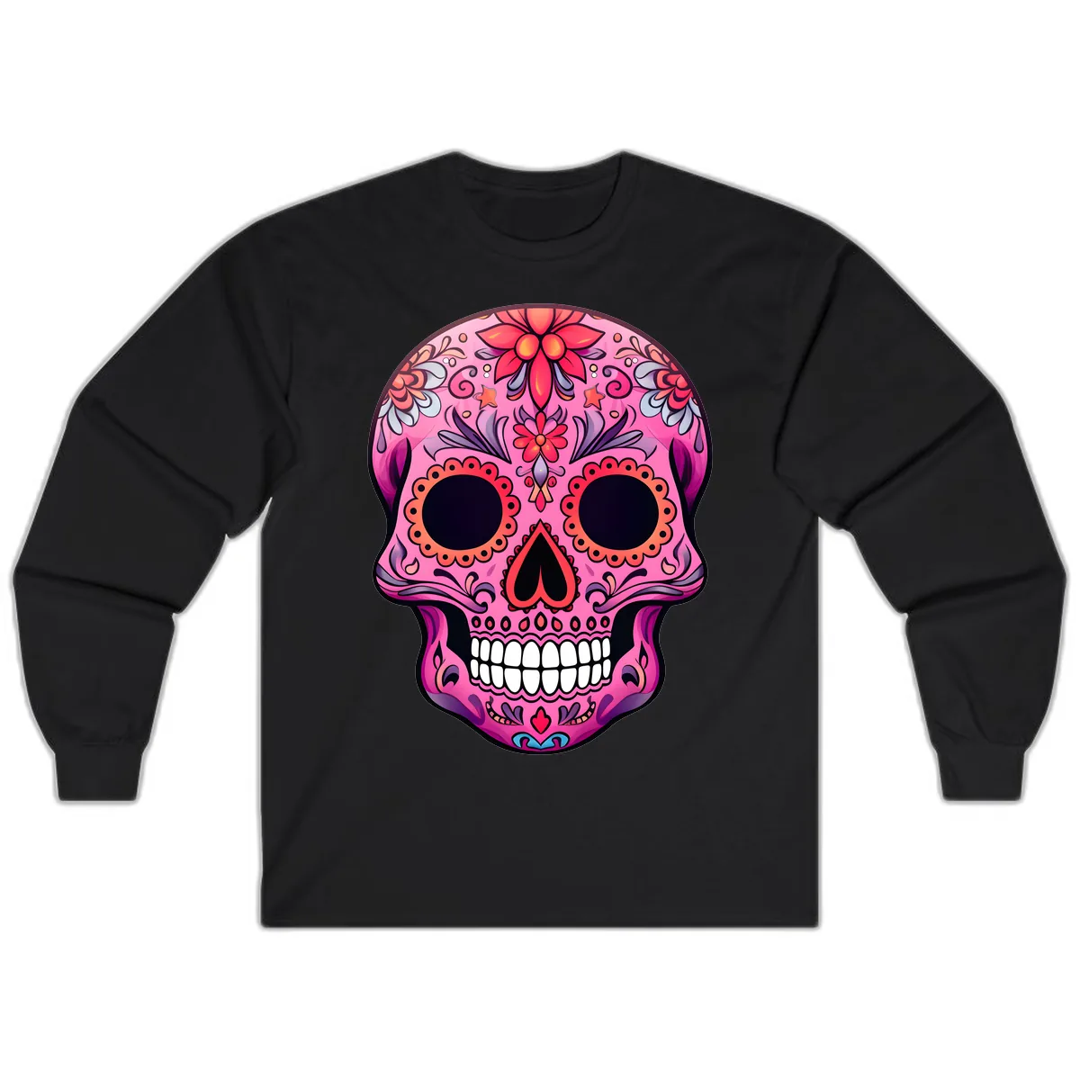 Vibrant Pink Calavera Sugar Skull Art Long Sleeve in Black