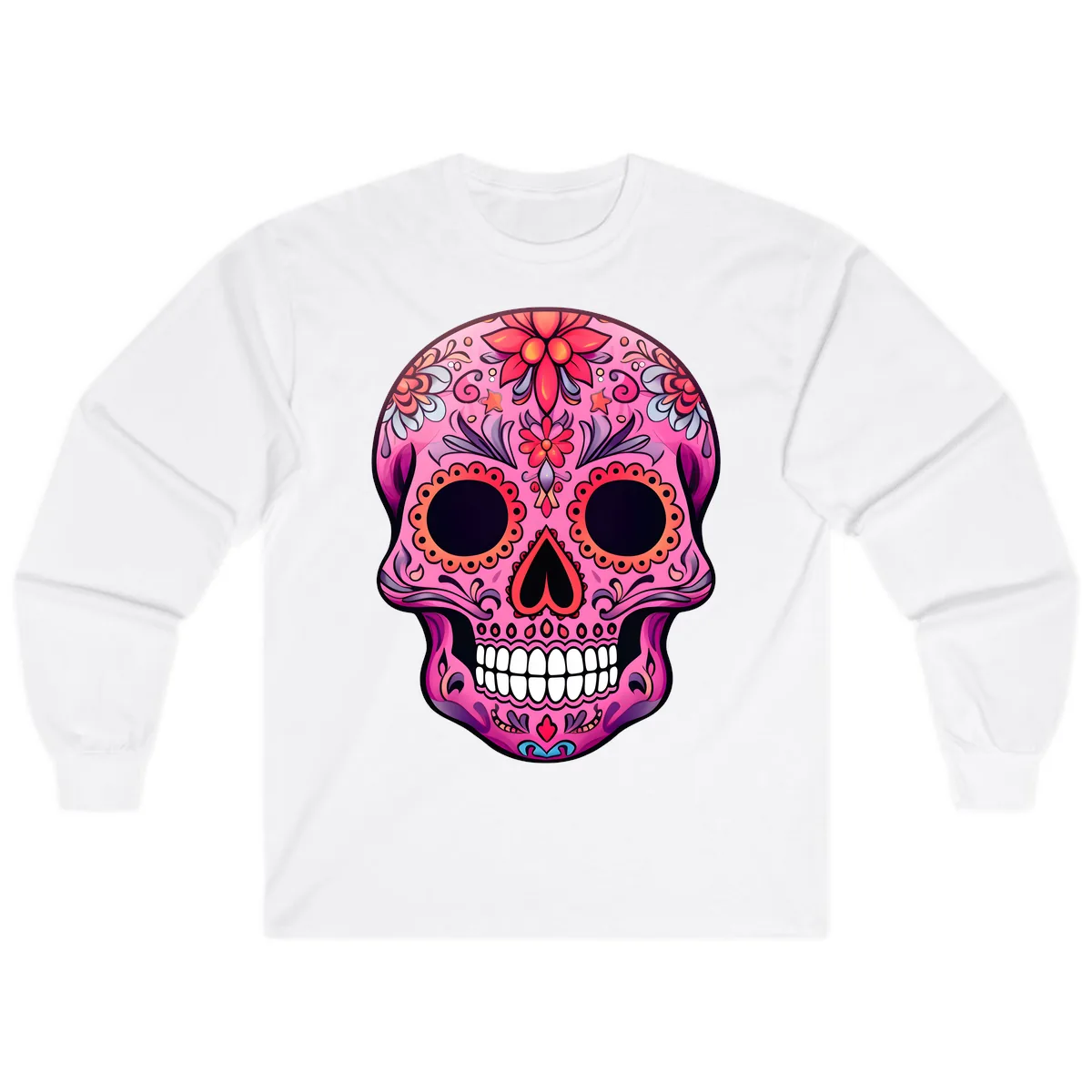 Vibrant Pink Calavera Sugar Skull Art Long Sleeve in White