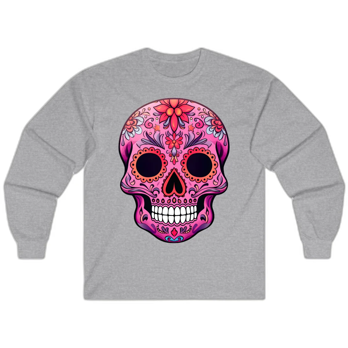 Vibrant Pink Calavera Sugar Skull Art Long Sleeve in Sport Grey