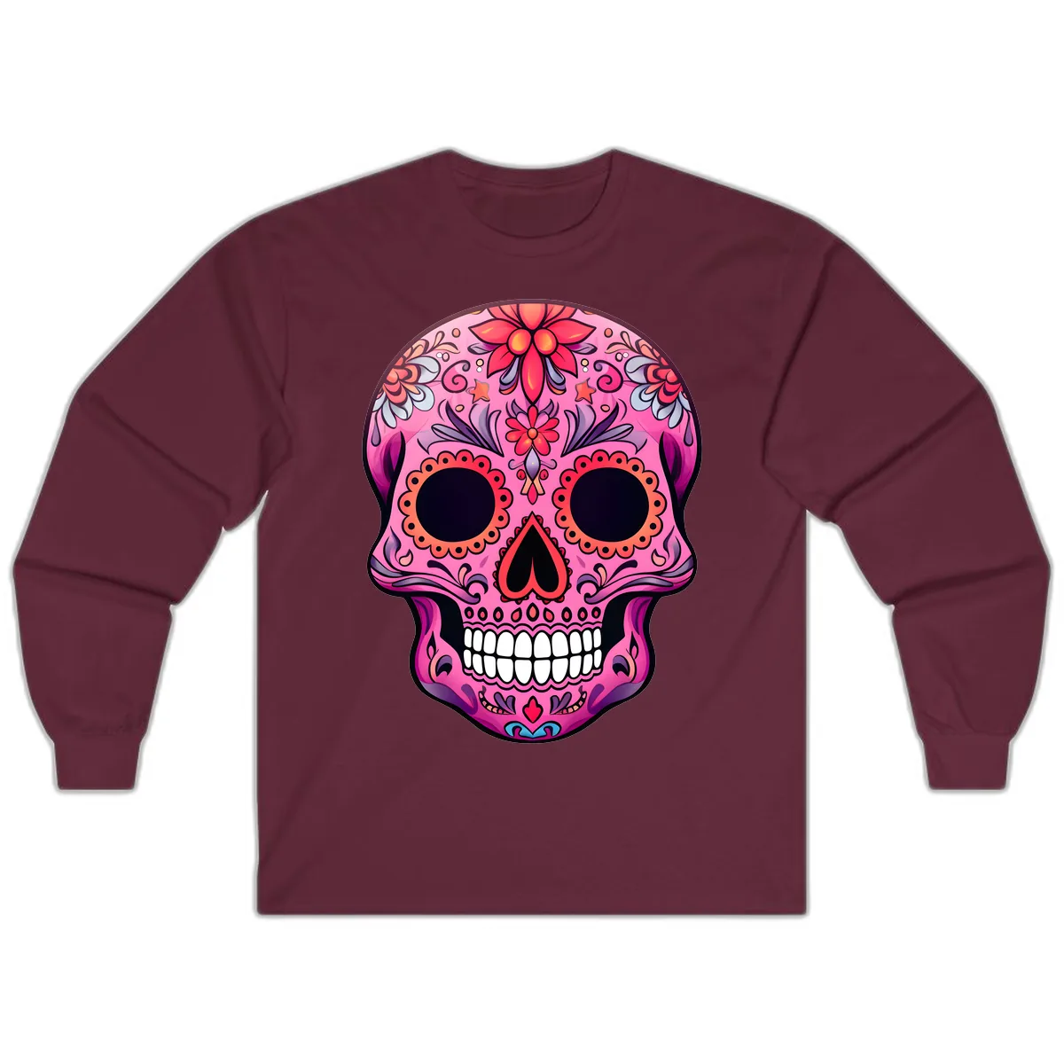 Vibrant Pink Calavera Sugar Skull Art Long Sleeve in Maroon