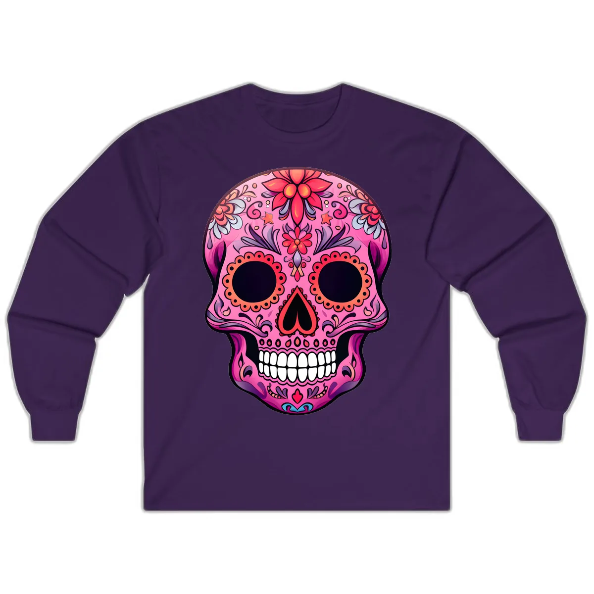 Vibrant Pink Calavera Sugar Skull Art Long Sleeve in Purple